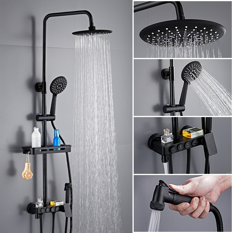 黑色全铜浴室沐浴淋雨器智能恒温控制淋浴花洒套装家用妇洗器卫浴