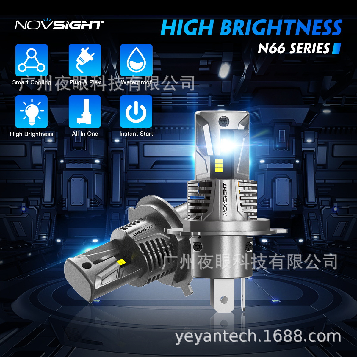 厂家直供LED车灯跨境新款H4 灯泡汽车LED前照大灯NOVSIGHT N66系