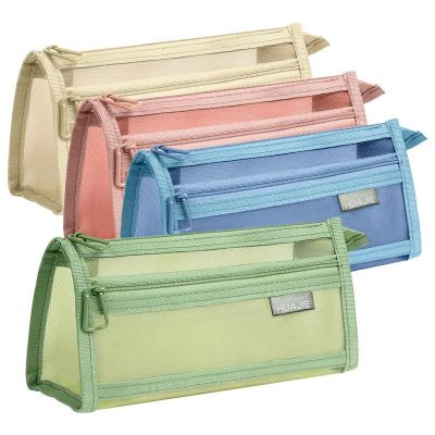 华杰厂家批发莫兰迪色网纱笔袋双层收纳袋化妆包透明笔盒可入考场图5